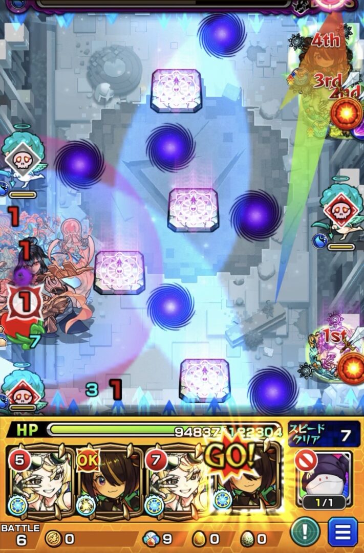 桃源郷の星墓ボス2の4手目でツクモのストライクショットを使用し、味方にふれて攻撃力アップ後に残り約70%のボスHPを一気に削って桃源郷を撃破する場面