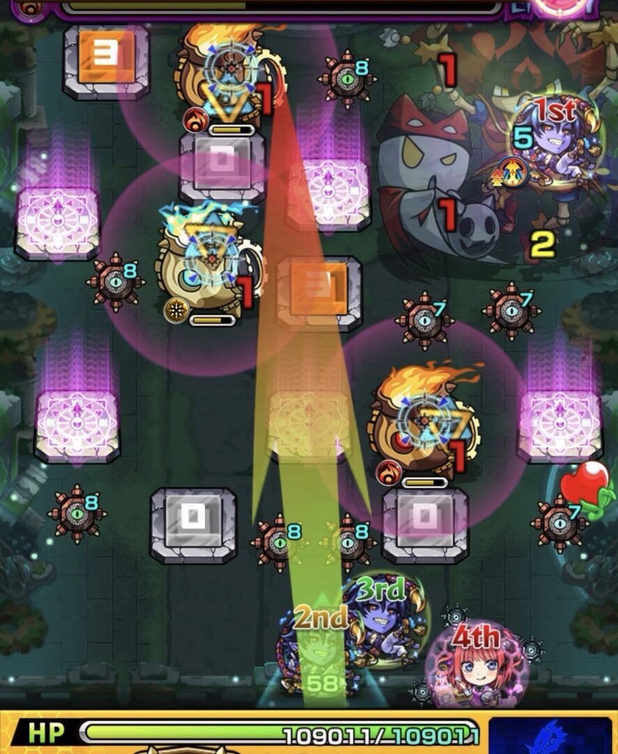 テンリン1ステージ1でウォールチェンジパネルを3段階目で発動し黄色のツボを防御力ダウンさせる場面