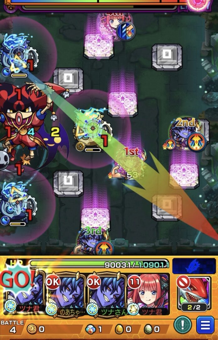 テンリン1ステージ4でラシードのSSを使用し中ボスを防御力ダウンさせてツボとの間に挟まり突破する場面