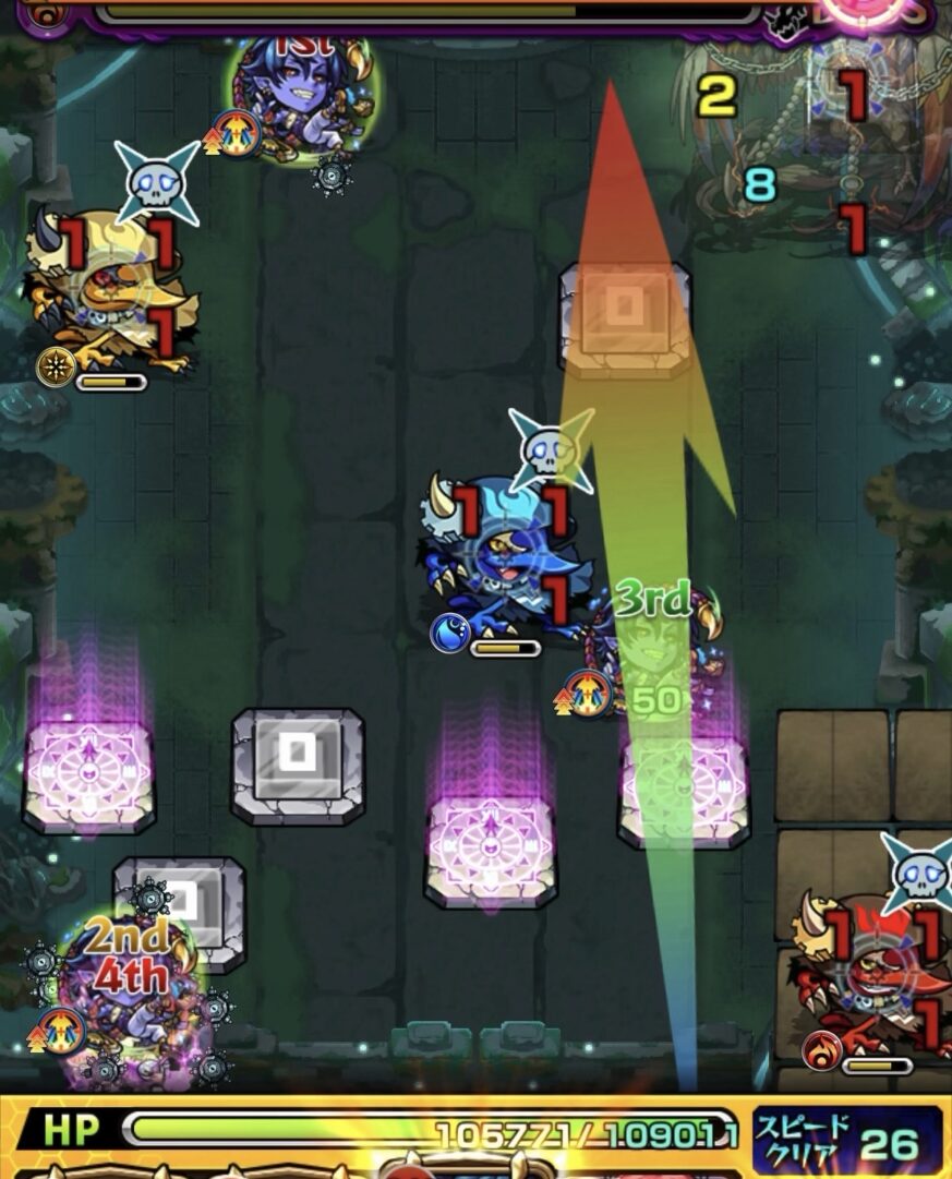 テンリン1ボス第2戦でゾンビ3体の同時処理に備えて左下のウォールチェンジパネルを黄色に調整する場面