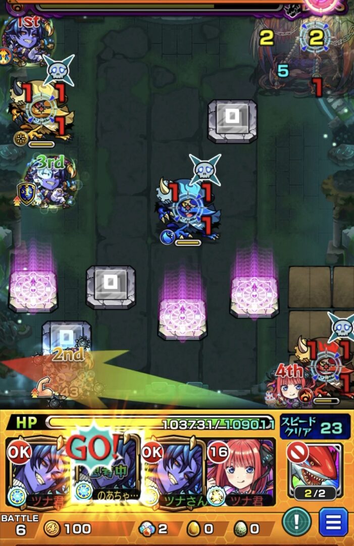 テンリン1ボス第2戦でラシードのSSを使用し3種類のパネルでゾンビ3体を防御力ダウンさせ中野二乃の加速を利用して同時処理する場面