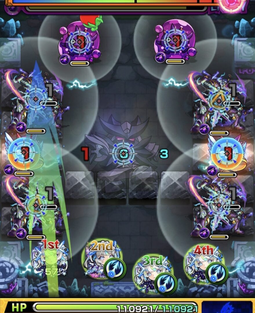 未開の幻洞・拠点5ステージ1の1手目でマギアのショットスキルを使ってマンドムを攻撃し、中ボスのHPを削り切って突破