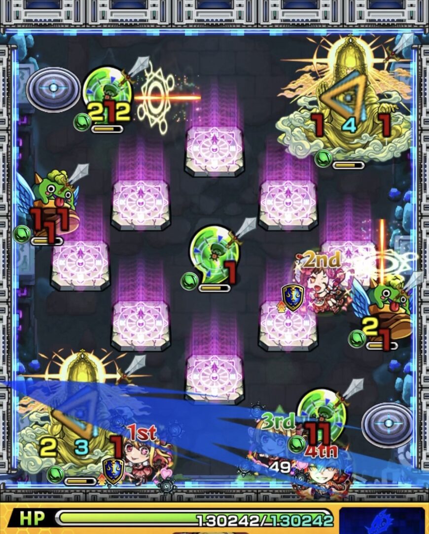 未開の幻洞・拠点3ステージ3の1手目で勾玉やはやリンにふれて攻撃力を上げ、ジョヤベルン2体を同時処理して突破