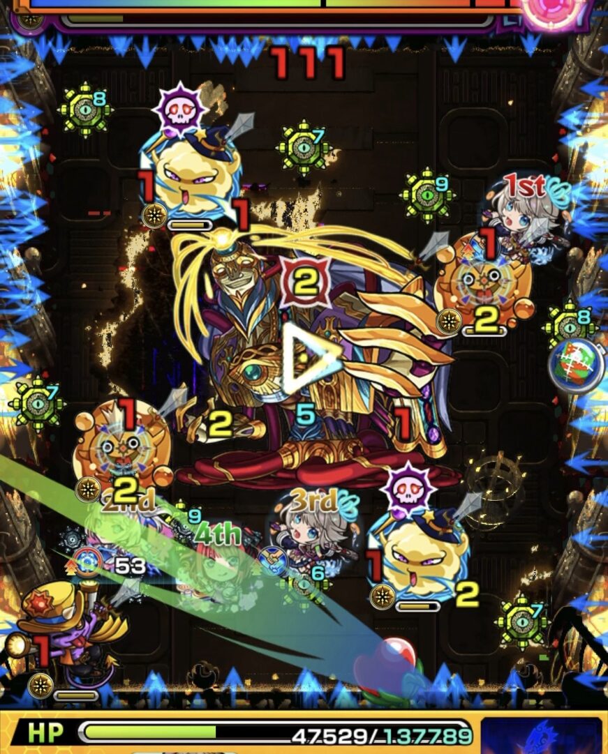黎絶フォーサーのステージ2・4手目で、ぷよリンとフーにふれて攻撃力を上げ、リシュリューの弱点を狙って攻撃した場面