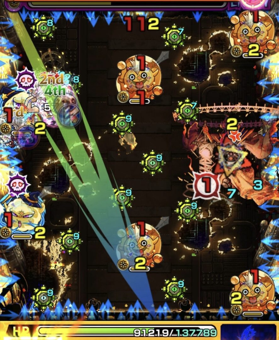 黎絶フォーサーのステージ4・3手目で、ぷよリンを処理して攻撃力を上げ、下壁反射から中ボスの弱点を攻撃した場面