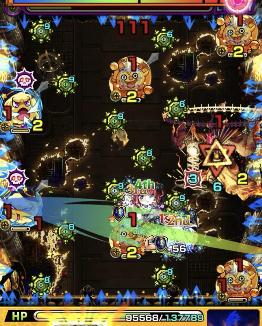 黎絶フォーサーのステージ4・4手目で、ぷよリンとフーにふれて攻撃力を上げ、左壁反射から中ボスの弱点を攻撃して突破した場面