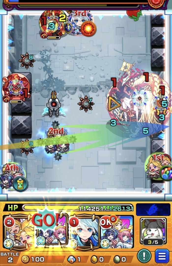 アヴァロンの星墓ステージ2で、アンドロイドダイナーのストライクショットを使用し、2壁にふれてパワーチェンジウォールを赤色に調整してぷよリンと上側のギャラクシーを処理し、中ボスを実体化させる場面