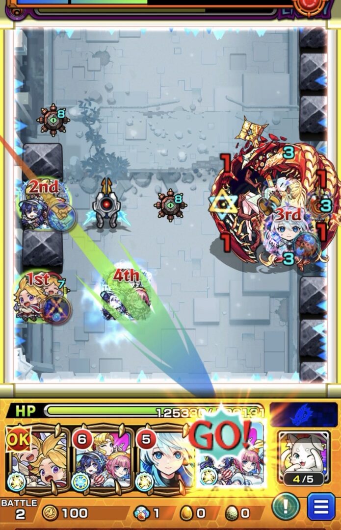 アヴァロンの星墓ステージ2で、アンドロイドダイナーのストライクショットを使用し、中ボスのヒット数バリアを破壊して4壁にふれ、赤色のパワーチェンジウォール状態で大ダメージを与える場面
