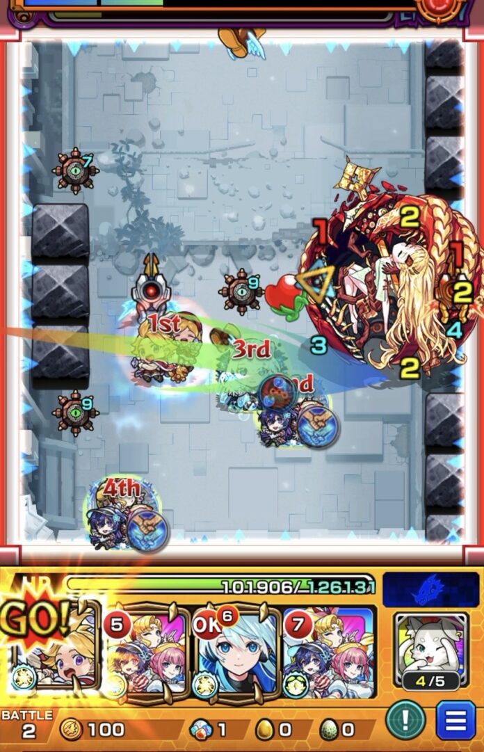 アヴァロンの星墓ステージ2で、グリム兄弟αのストライクショットを使用し、中ボスのヒット数バリアを破壊して3壁にふれ、赤色のパワーチェンジウォール状態で味方全員に攻撃力アップバフを付与しながら中ボスを撃破する場面