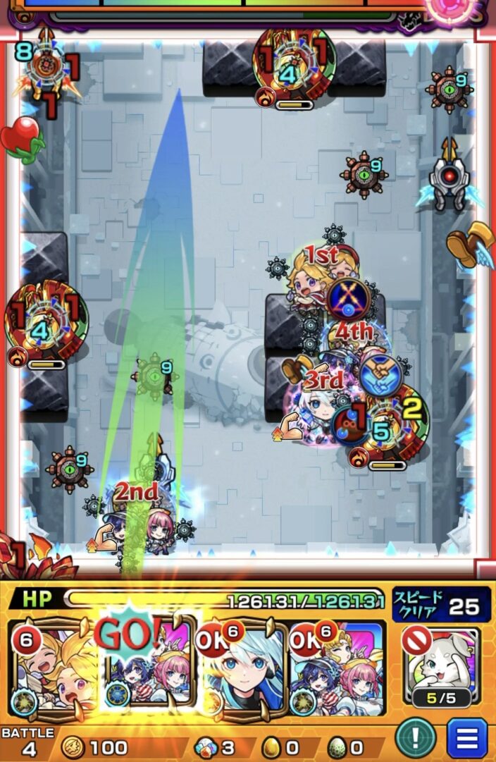 アヴァロンの星墓ボス第1戦で、アンドロイドダイナーのストライクショットを使用し、3壁にふれてパワーチェンジウォールを赤色に調整してギャラクシー2体を処理する場面