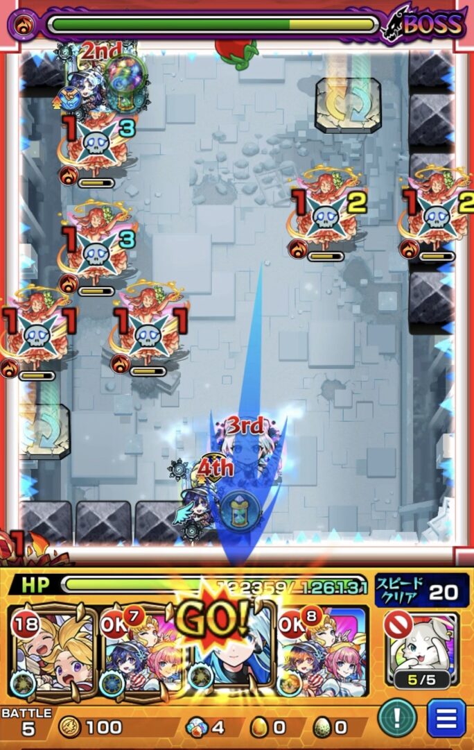 アヴァロンの星墓ボス第2戦で、ネオのストライクショットを使用し、下壁反射から赤色のパワーチェンジウォール状態でボスへの攻撃を狙うも、ブロックに阻まれて黄色となり十分なダメージを与えられなかった場面