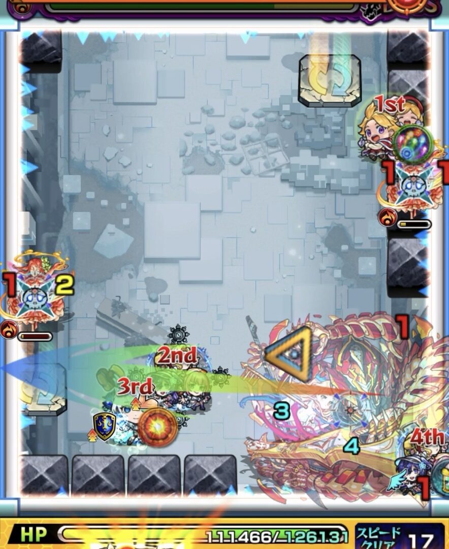 アヴァロンの星墓ボス第2戦で、アンドロイドダイナーのストライクショットを使用し、2壁にふれてパワーチェンジウォールを赤色に調整して雑魚敵2体を処理し、ボスを実体化させる場面