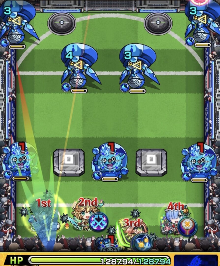 超究極「破壊者」糸師凛ステージ1の1手目で、下壁反射からLv1・Lv3のウォールチェンジパネルを踏んで自傷し、ハンシャイン2体とぷよリン1体を処理した場面