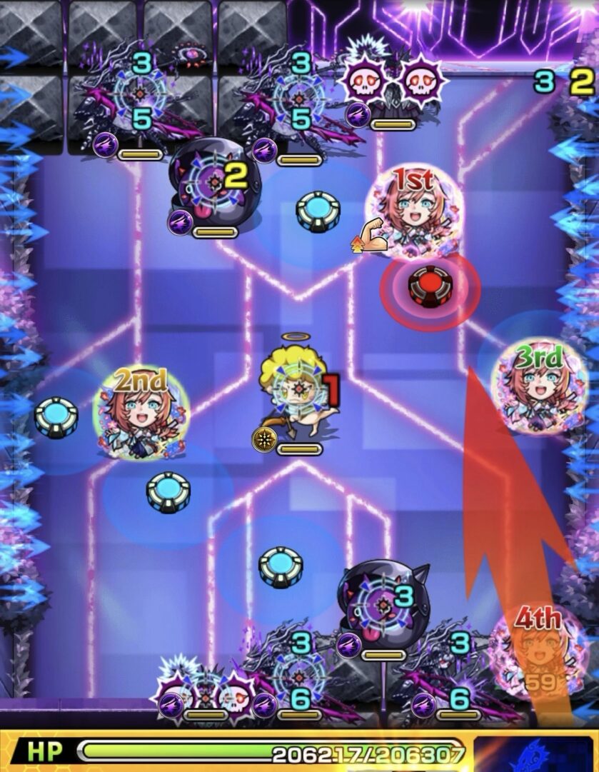 超究極「最強のライバル A-RISE」ステージ3の1手目で、バリア付与状態から赤色のグローボムを踏んで消しながら魔導師2体を処理し、ツクヨミ零を防御力ダウンさせた場面