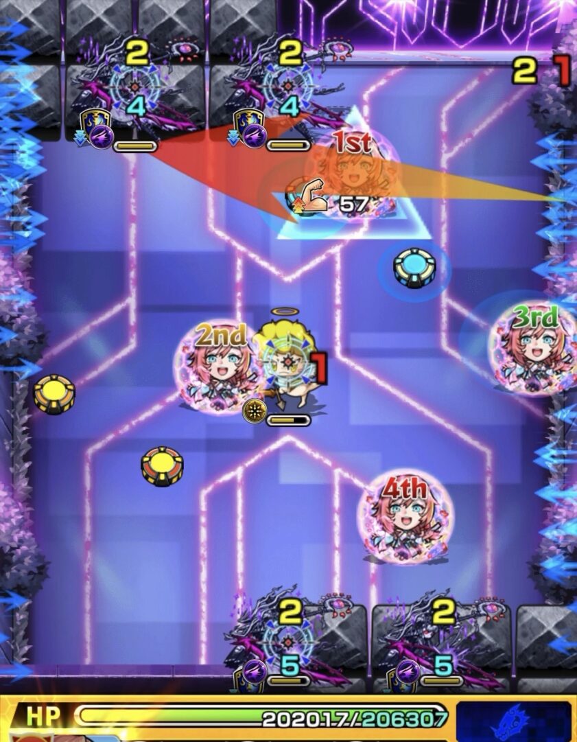 超究極「最強のライバル A-RISE」ステージ3の2手目で、薄く左上方向へ弾いてツクヨミ零2体の間に挟まり、2体とも処理した場面