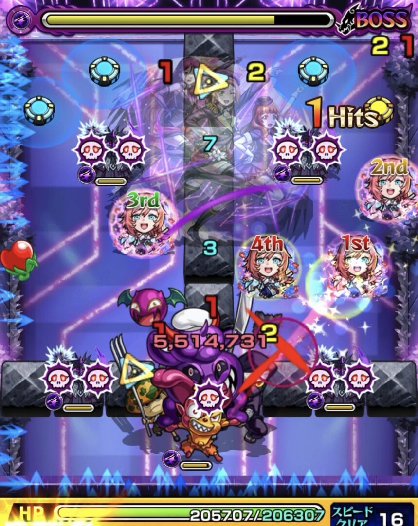 超究極「最強のライバル A-RISE」ボス3の2手目で、右壁反射からグローボムを消しながら魔導師4体を処理し、ボスを防御力ダウンさせた場面