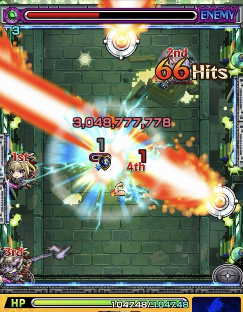 黎絶ロヴァーのステージ1で回転式レーザーベースのレーザーでキャタピランを倒しステージ1を突破した場面