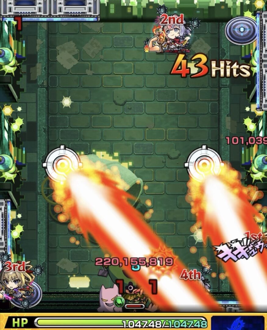 黎絶ロヴァーのステージ2で回転式レーザーベースのレーザーにより下側のピエロを処理しステージ2を突破した場面