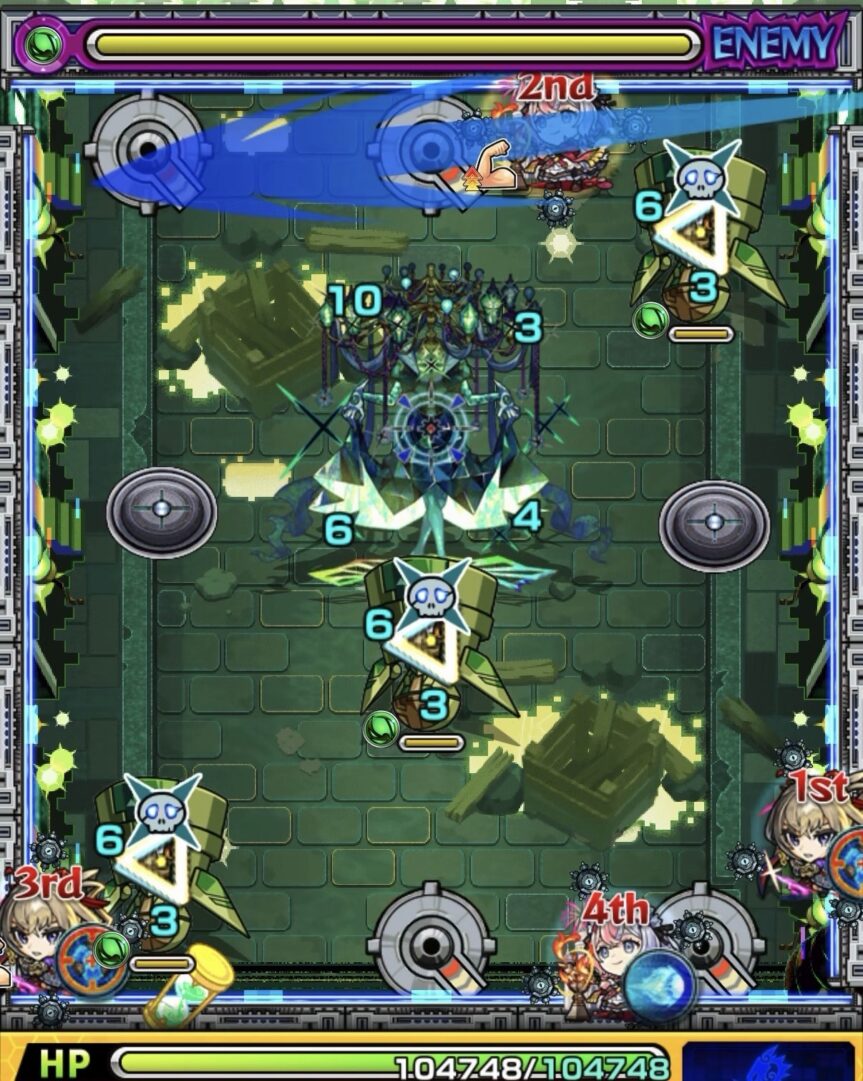 黎絶ロヴァーのステージ3で左上の回転式レーザーベースを左下のハンシャインへ向けて狙う1手目