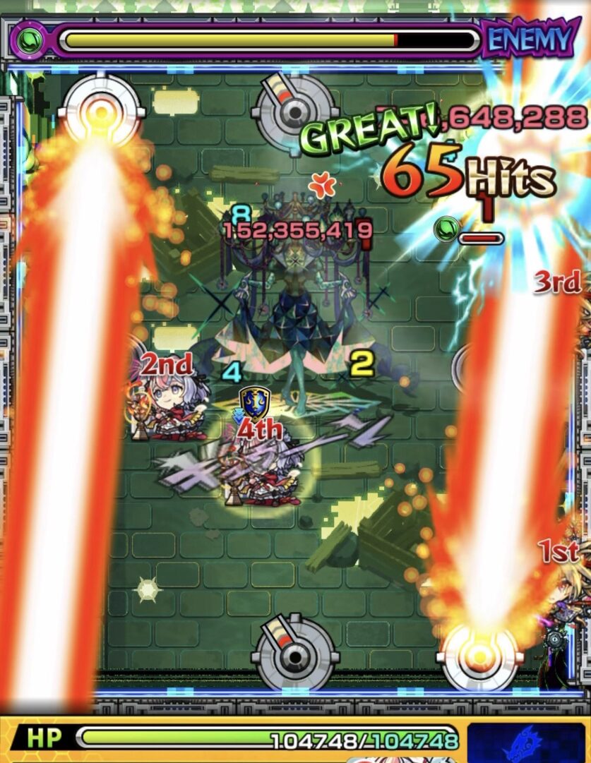 黎絶ロヴァーのステージ3でハンシャインを処理しクロスドクロ発動により4個のランプと中ボスの弱点が出現した場面