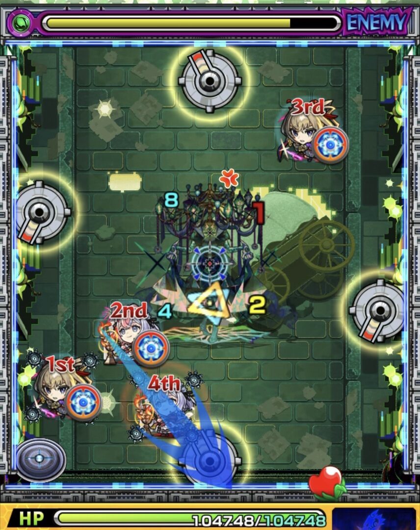黎絶ロヴァーのステージ4で下側の回転式レーザーベースを中ボスの弱点へ向けて狙う3手目