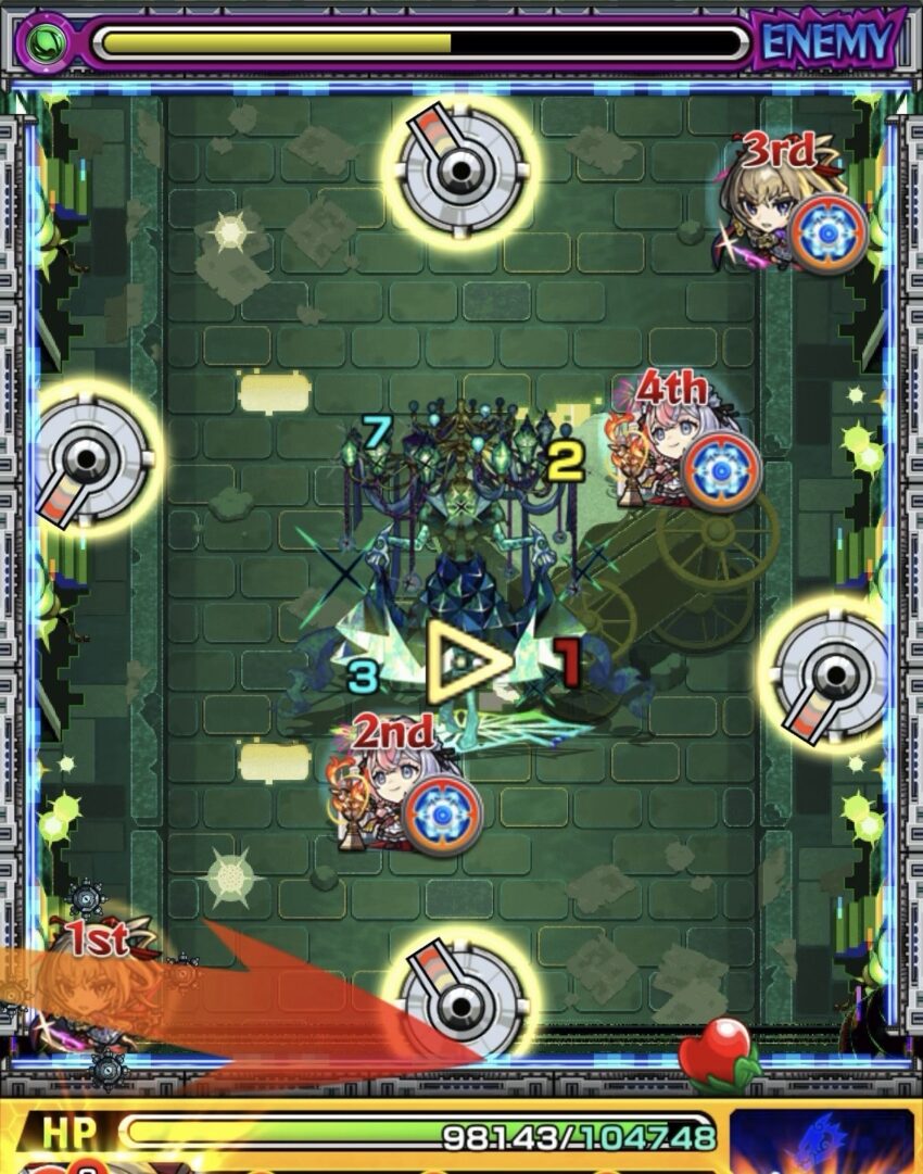 黎絶ロヴァーのステージ4で下側の回転式レーザーベースを中ボスの弱点へ向けて狙う4手目