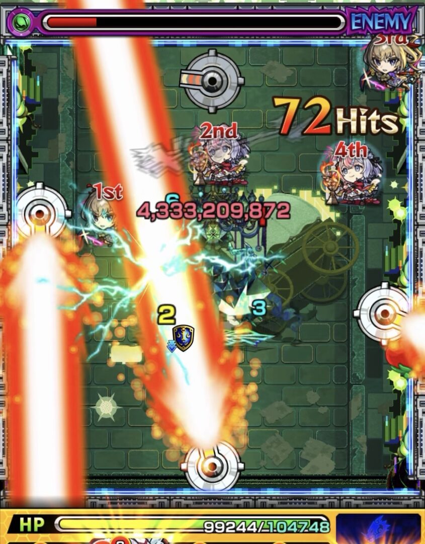 黎絶ロヴァーのステージ4で回転式レーザーベースのレーザーが中ボスの弱点に当たりHPを削り切って突破した5手目