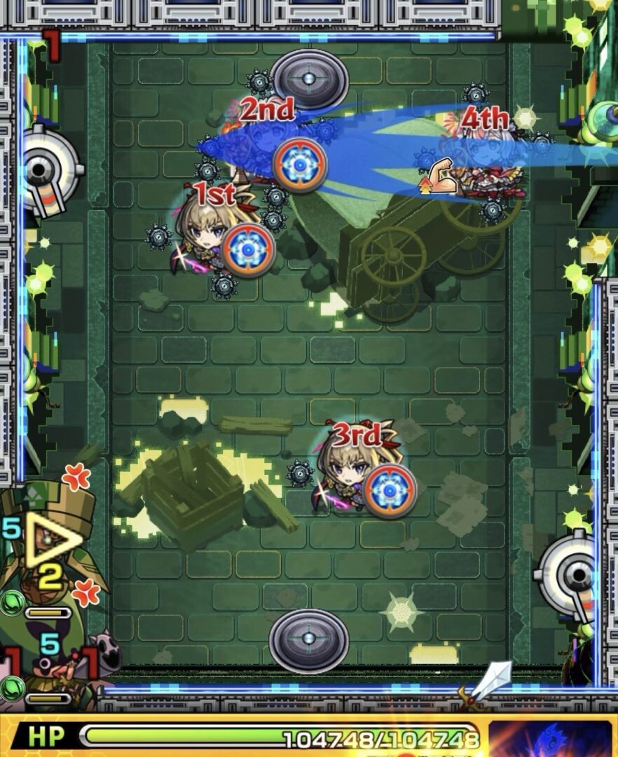 黎絶ロヴァーのステージ5で左上の回転式レーザーベースを左下のハンシャインとピエロへ向けて狙う2手目