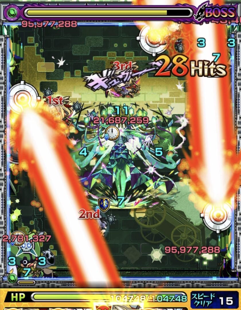 黎絶ロヴァーのボス3で回転式レーザーベースのレーザーが右上のピエロに当たり処理した1手目