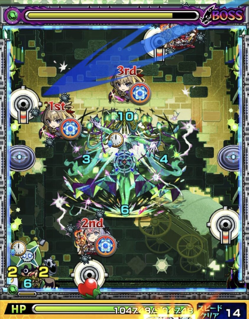 黎絶ロヴァーのボス3で左側の回転式レーザーベースを左下のピエロへ向けて狙う2手目