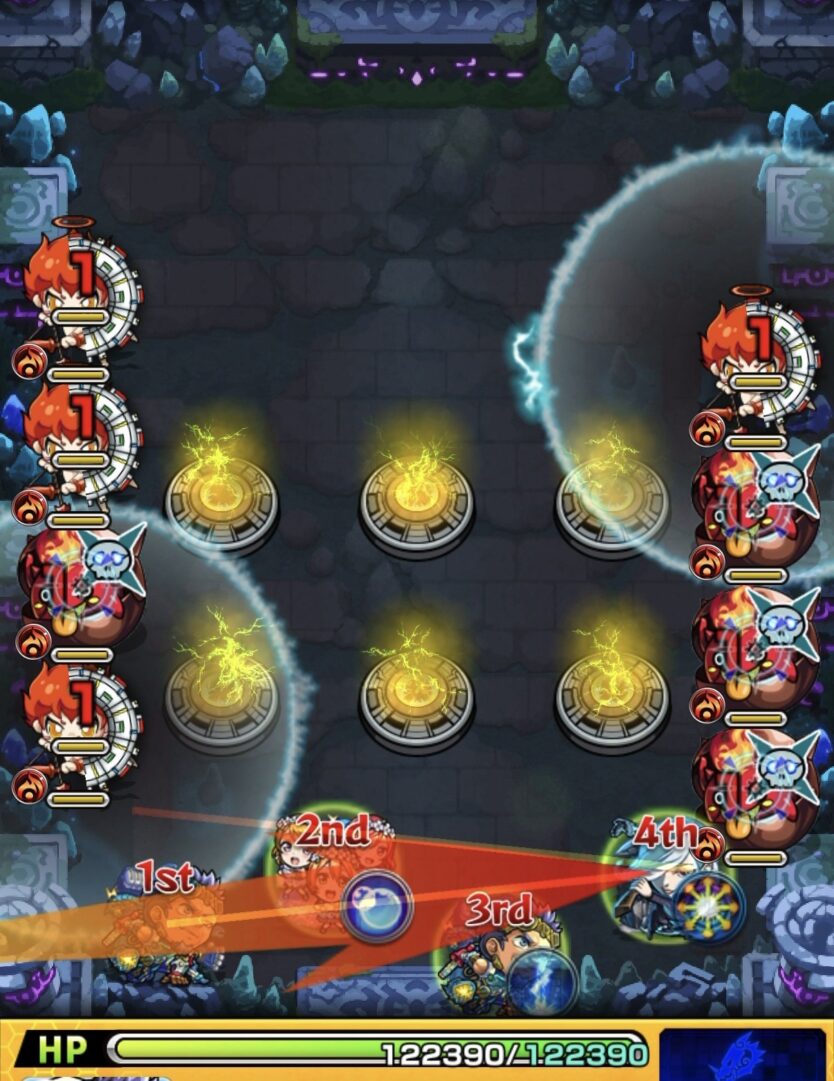 モンスト「未開の幻洞・拠点6」ステージ1の1手目で、ディレクションガードの向きを調整しながら右斜め上へ弾いてかちリンを狙う場面