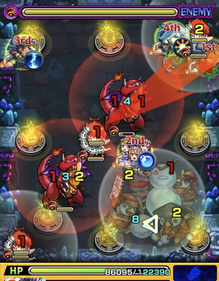 モンスト「未開の幻洞・拠点6」ステージ2の2手目で、左斜め下へ弾き、リドラ2体の同時処理と天使2体のゲージ削りを狙う場面