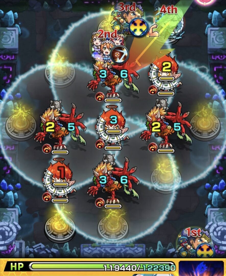 モンスト「未開の幻洞・拠点6」ステージ3の1手目で、上側の鬼と天使の間を狙って弾く場面