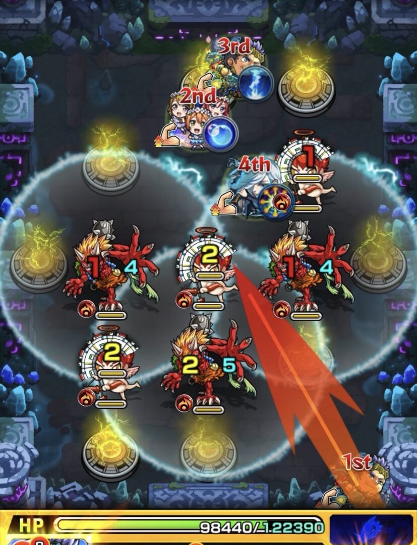モンスト「未開の幻洞・拠点6」ステージ3の2手目で、右側の鬼と天使の間を狙って弾く場面