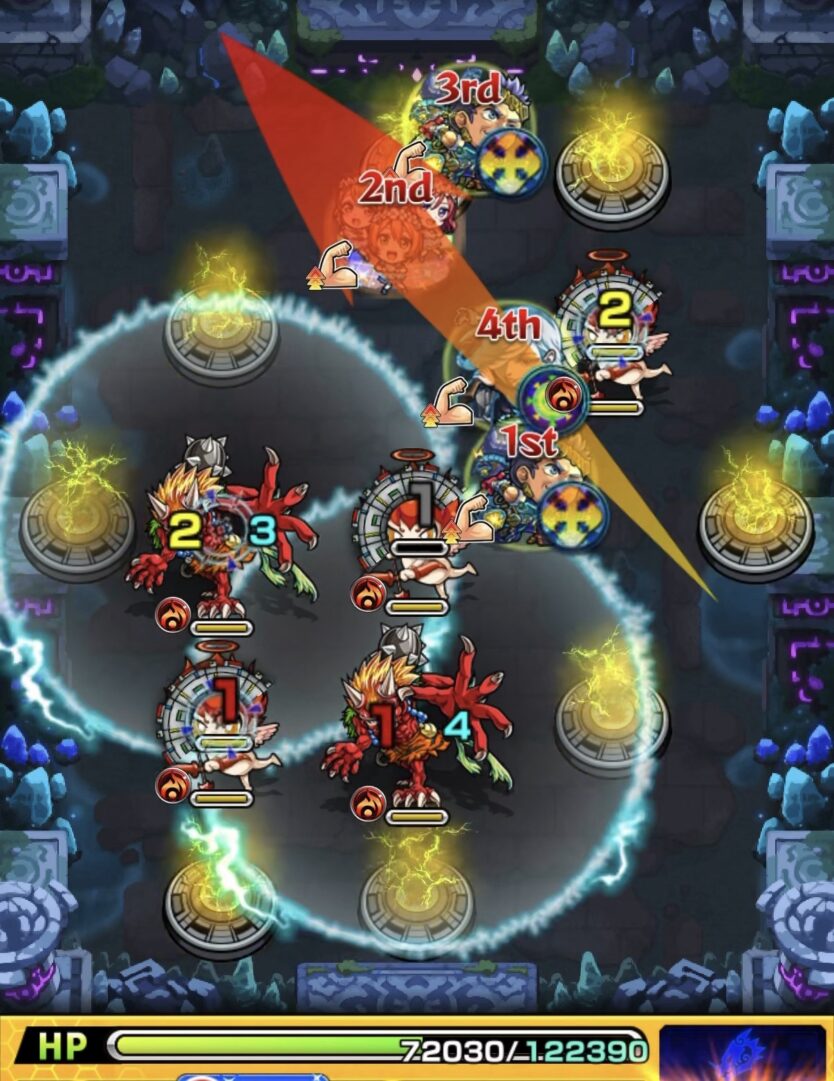 モンスト「未開の幻洞・拠点6」ステージ3の3手目で、左斜め上へ弾き、上壁と左壁の反射から左側の鬼と天使の間を狙う場面