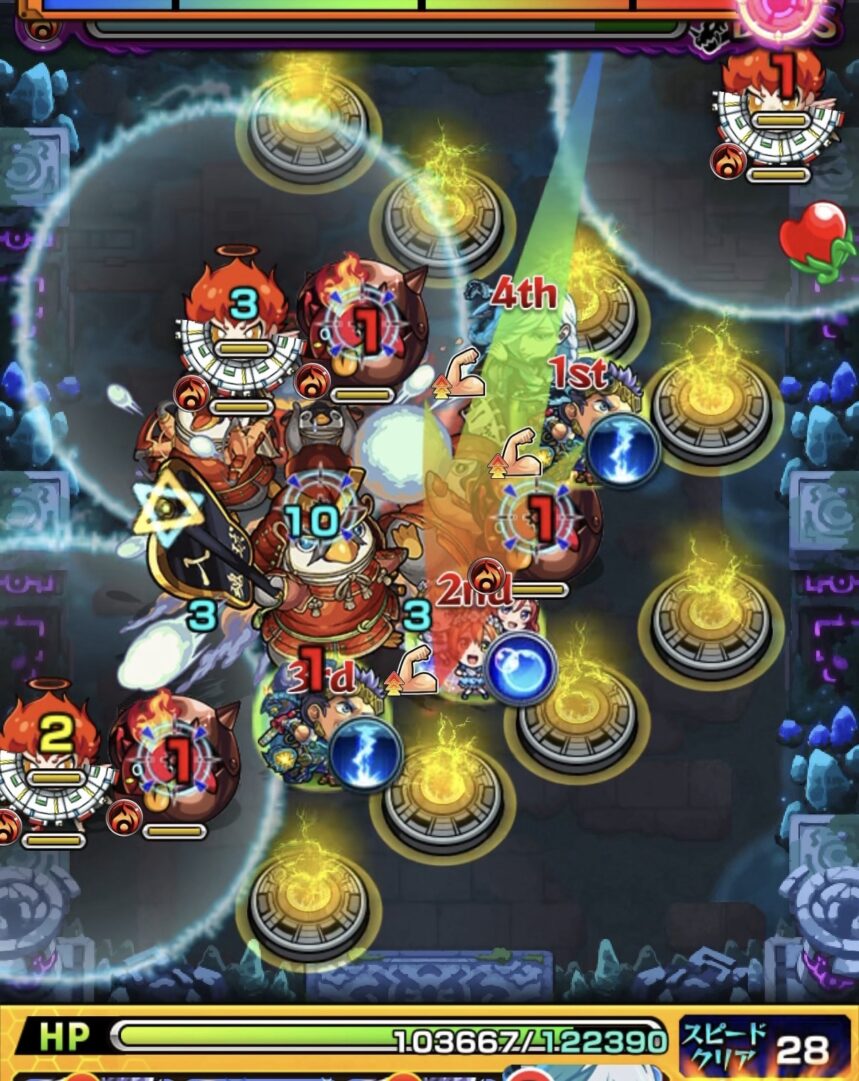 モンスト「未開の幻洞・拠点6」ボス1の1手目で、斜め下へ弾いてかちリン3体の処理を狙う場面