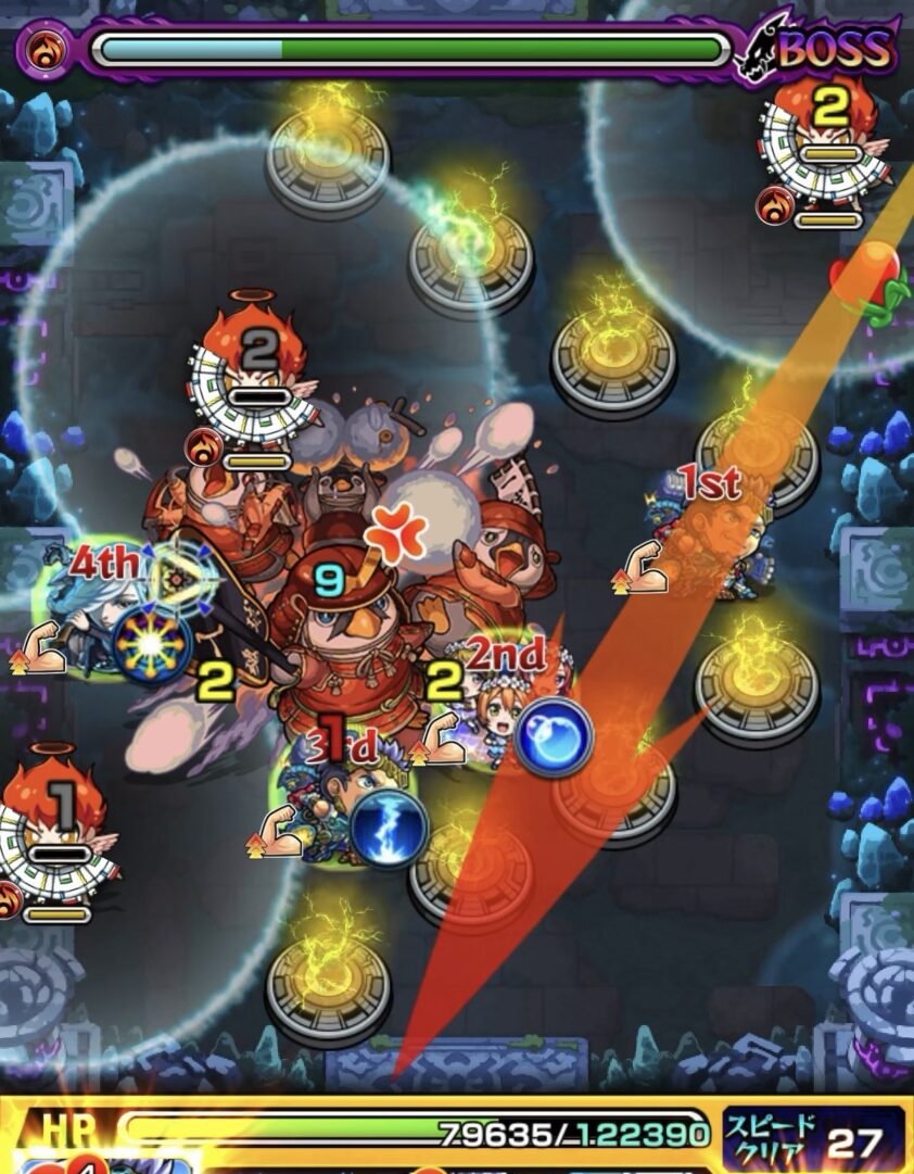 モンスト「未開の幻洞・拠点6」ボス1の2手目で、下壁反射からボスの弱点を狙って弾く場面