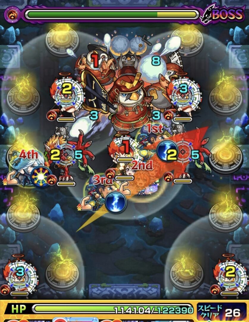 モンスト「未開の幻洞・拠点6」ボス2の1手目で、右側の鬼と天使の間を狙って弾く場面