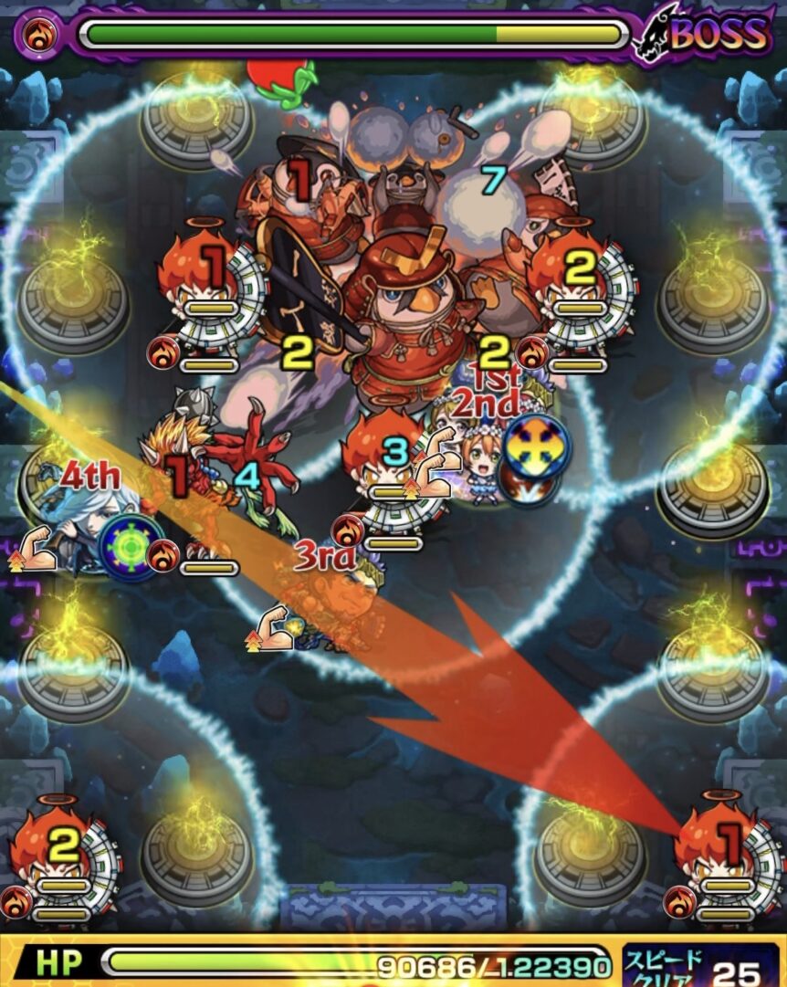 モンスト「未開の幻洞・拠点6」ボス2の2手目で、被ダメージを抑えるため天使2体のゲージ攻撃阻止を狙って弾く場面