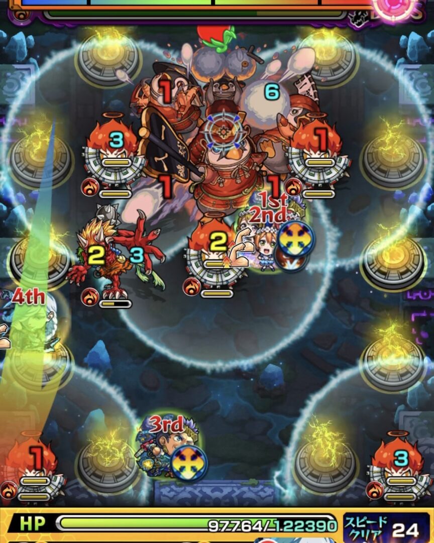 モンスト「未開の幻洞・拠点6」ボス2の3手目で、左斜め下へ薄く弾き、天使のゲージ削りと上壁反射からボスとの間を狙う場面