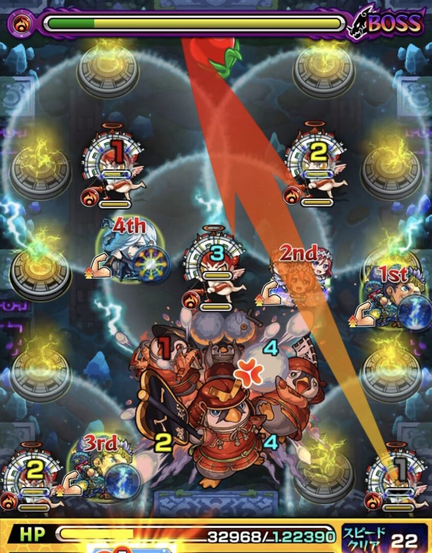 モンスト「未開の幻洞・拠点6」ボス2の5手目で、残りHPが少ない状態からハートを回収しつつボスへの攻撃を狙う場面