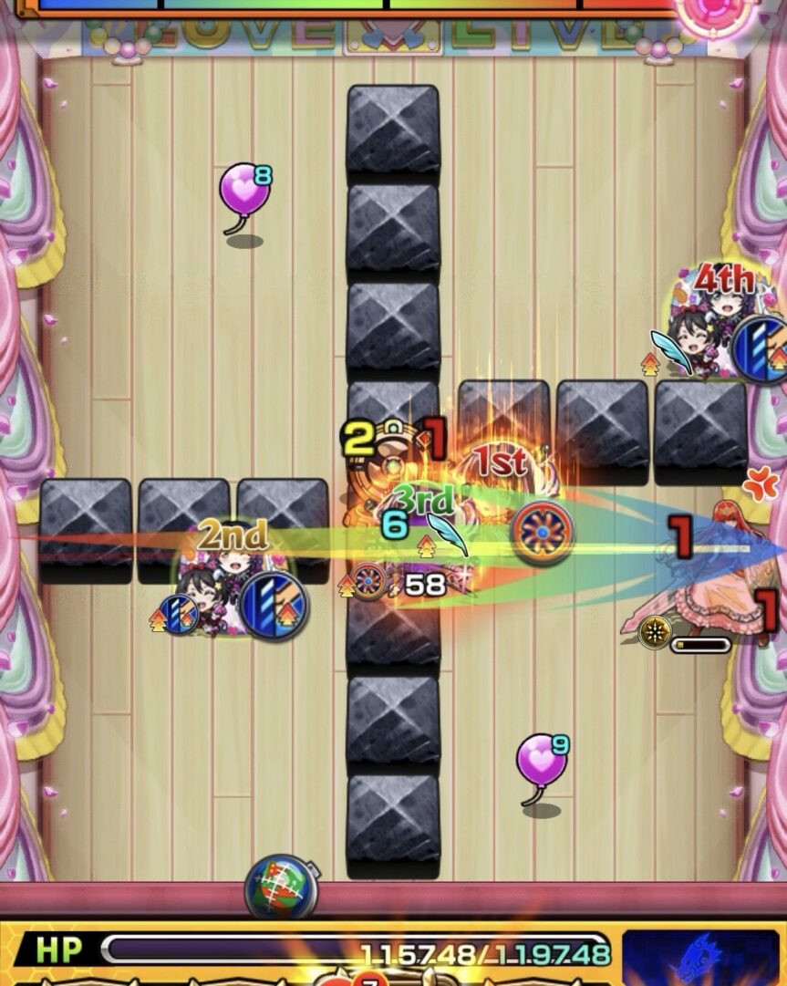 超究極「スクールアイドル μ's」Lv3ステージ2の4手目で、横方向へ弾いて残ったエタニティを処理し、ステージ2を突破した場面
