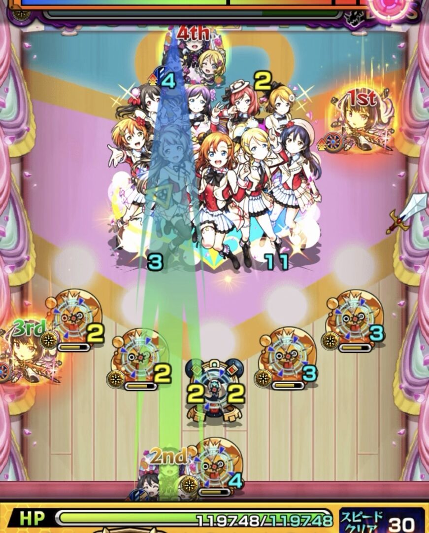 超究極「スクールアイドル μ's」Lv3ボス1の1手目で、反撃までの猶予を利用してぷよリンを処理しながら、ボスの弱点を狙って攻撃した場面