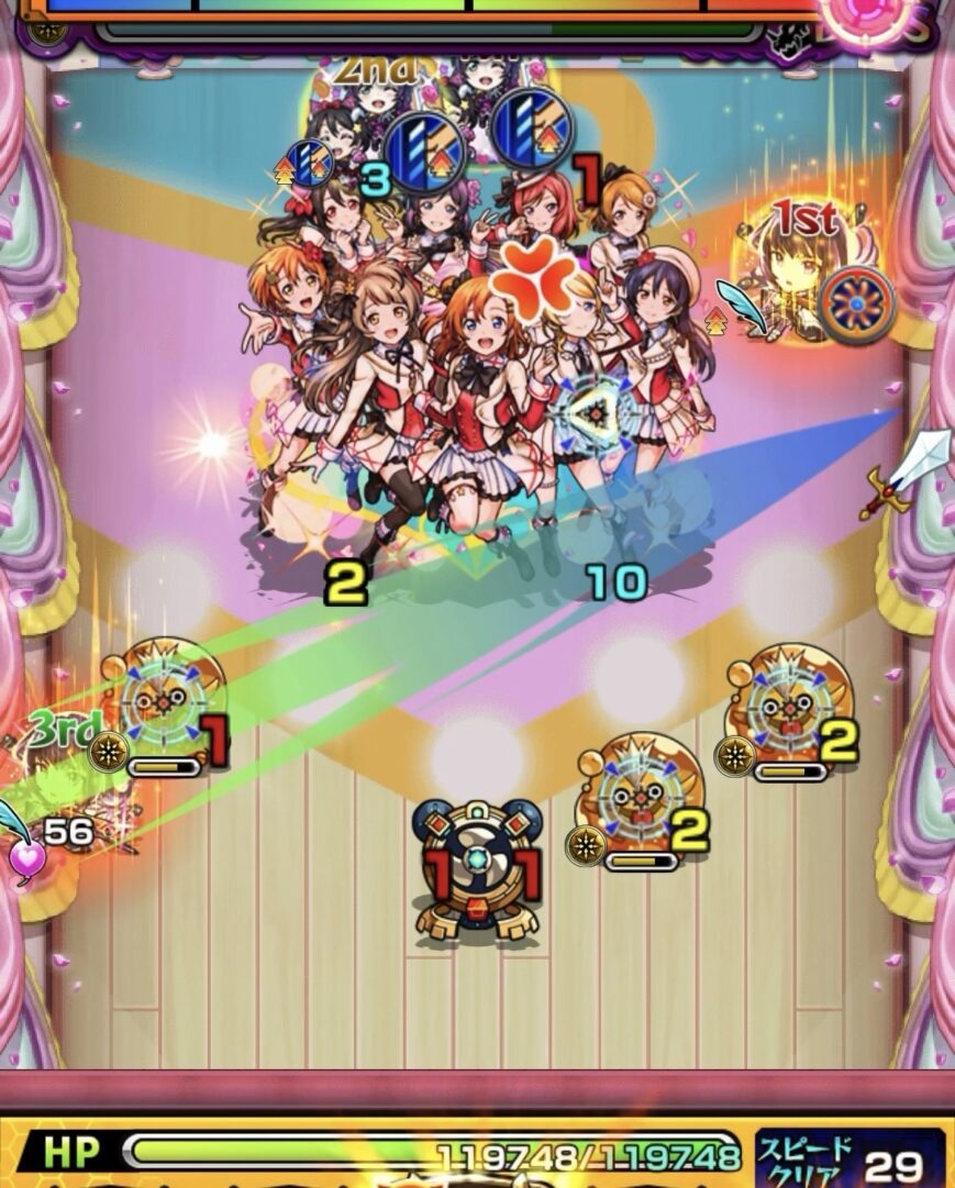 超究極「スクールアイドル μ's」Lv3ボス1の2手目で、ぷよリンを経由して右壁で反射し、ボスを攻撃した場面