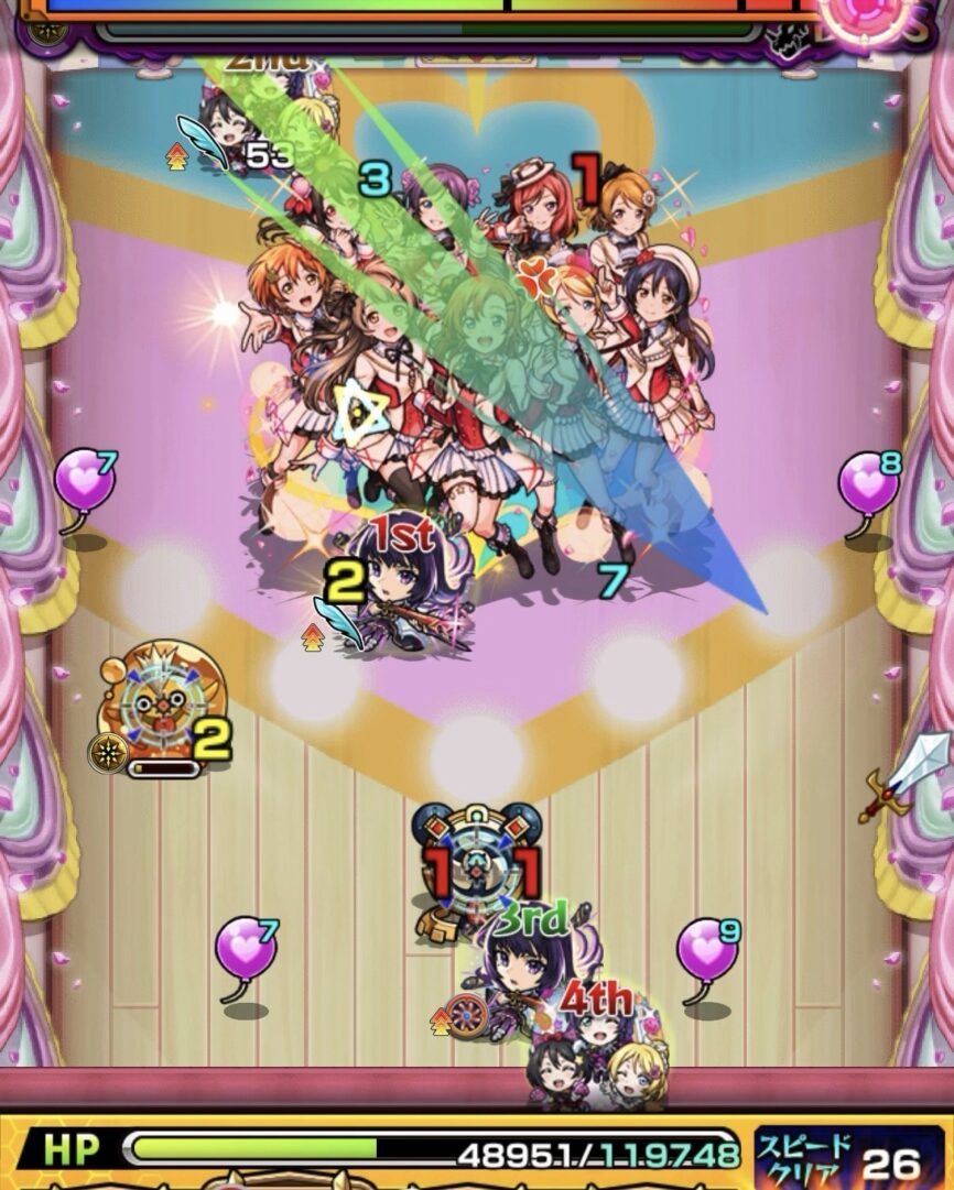 超究極「スクールアイドル μ's」Lv3ボス1の5手目で、HPが約49,000まで減ったため回復を優先し、ヒーリングバルーンを味方に付与しながらぷよリンを処理した場面