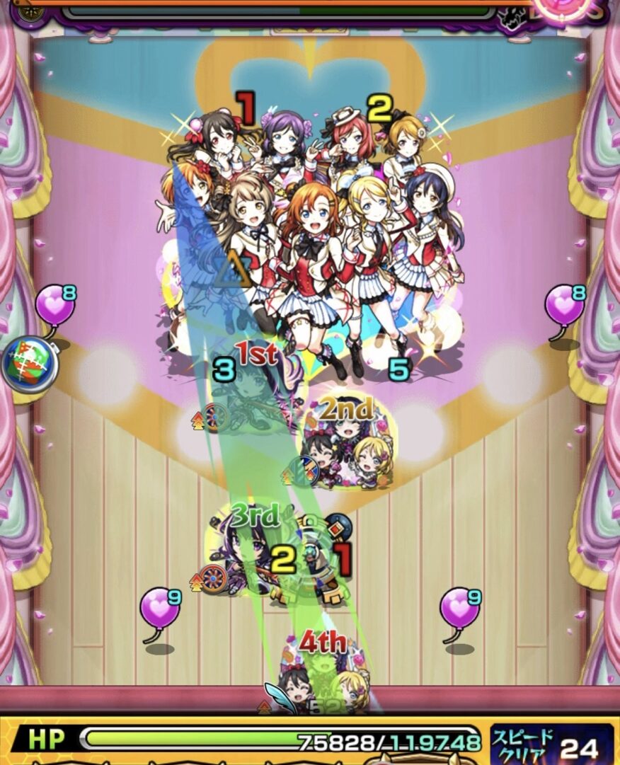 超究極「スクールアイドル μ's」Lv3ボス1の7手目で、左上方向へ弾いてボスのマルチレイヤガードを破壊し、ヒーリングバルーンを味方に付与してHPを回復した場面