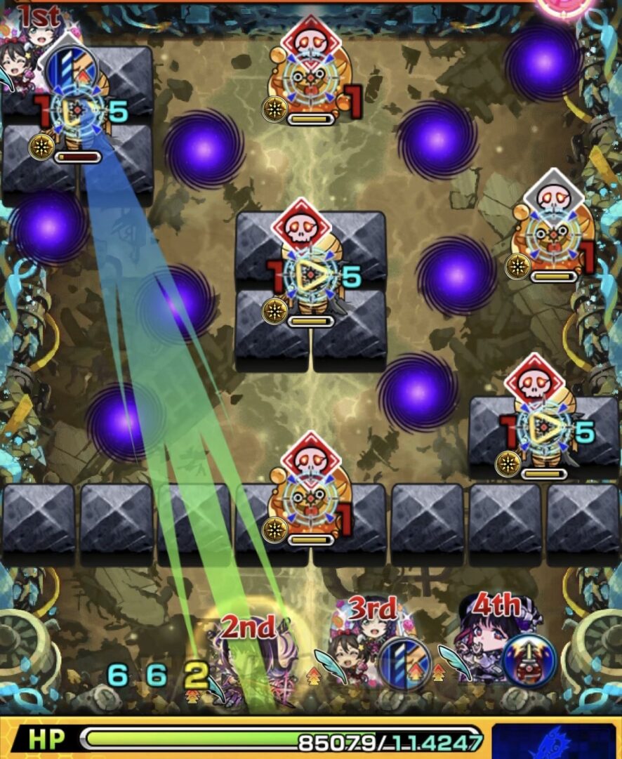 黎絶イプエクティのステージ1でドクロ白（OFF）のゾンビを処理するため左斜め上方向へ弾く2手目