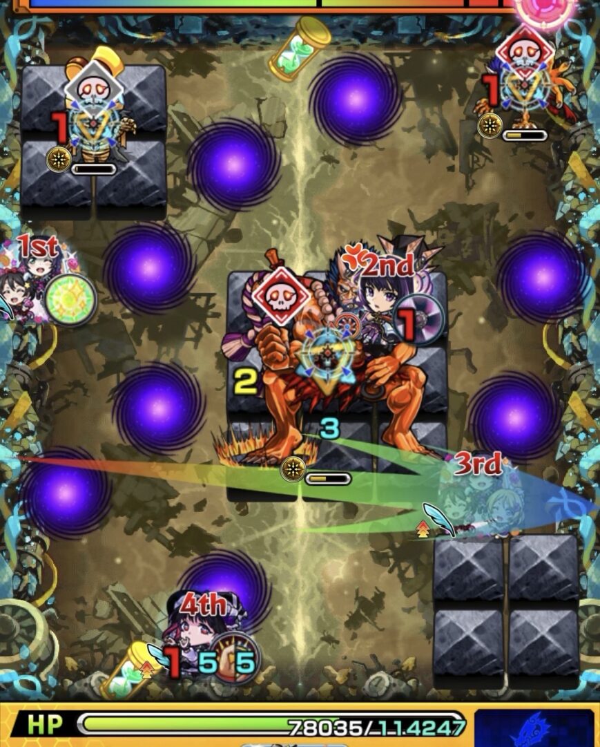 黎絶イプエクティのステージ2でドクロ赤（ON）の大きい鬼を白（OFF）に切り替えるため右下方向へ薄く弾く5手目