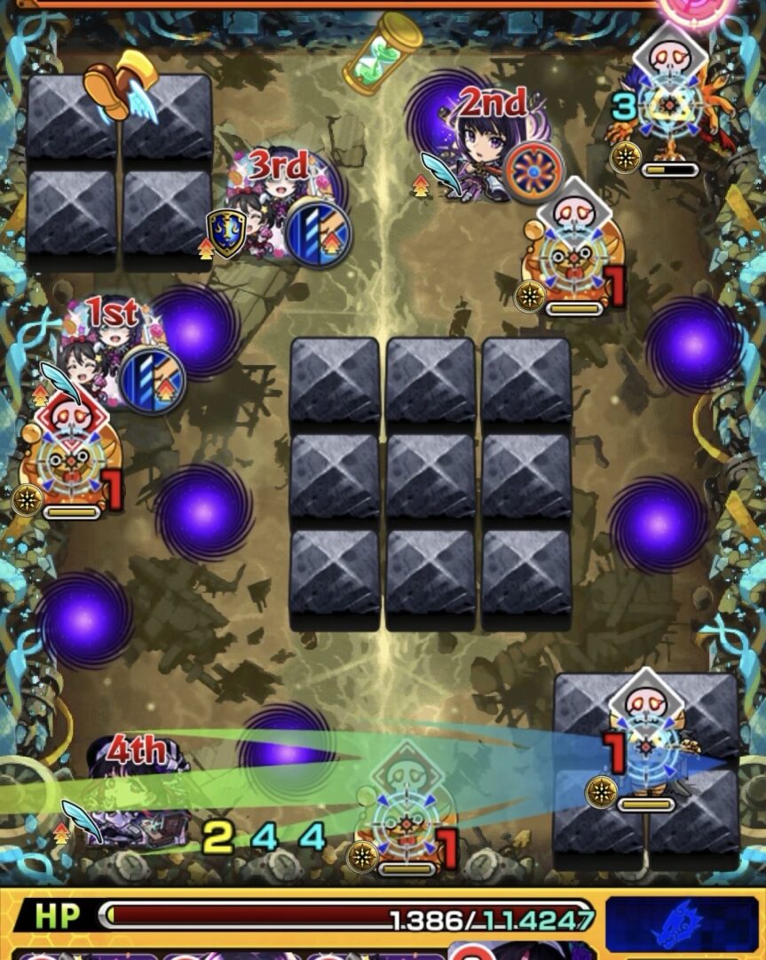 黎絶イプエクティのステージ2でHP1,386の状態からぷよリンをドクロ赤（ON）とゾンビをドクロ白（OFF）で処理するため右方向へ弾く6手目