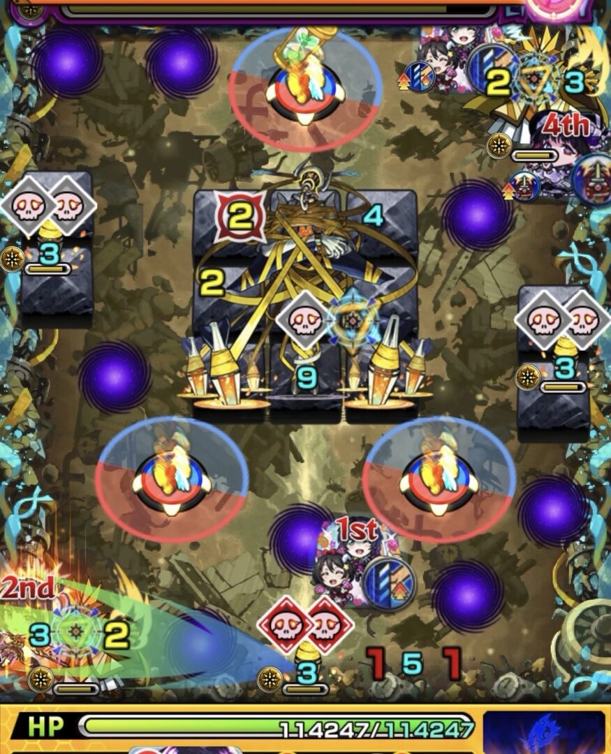 黎絶イプエクティのステージ4でドクロ赤（ON）の下側のミサイルを処理して中ボスと魔導師の防御ダウンを狙う1手目